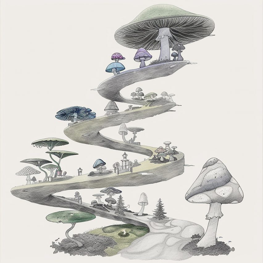 An illustration of a spiral landscape with mushrooms on it.