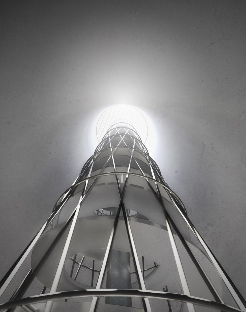 A black and white visualisation of a building from a low angle, with a bright light at the top.