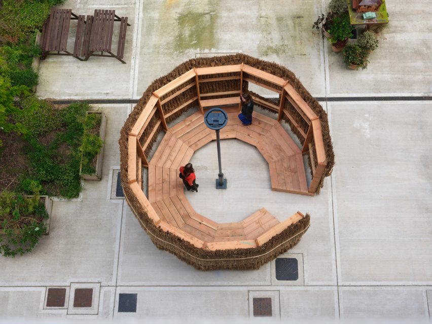 Aerial view of wooden pavilion