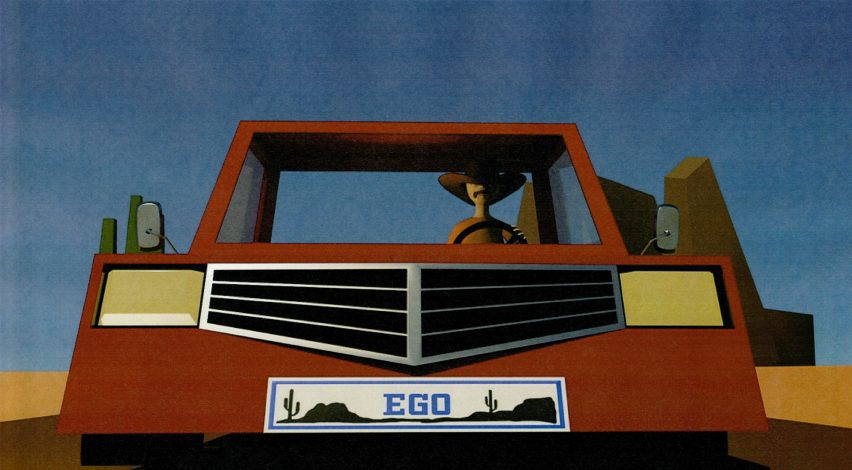 An image of an animated scene, showing a person in a red car, against a blue background.