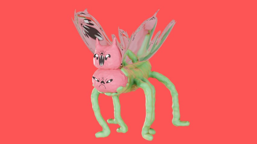 A digital image of a creature in colours of green and pink, against a red background.