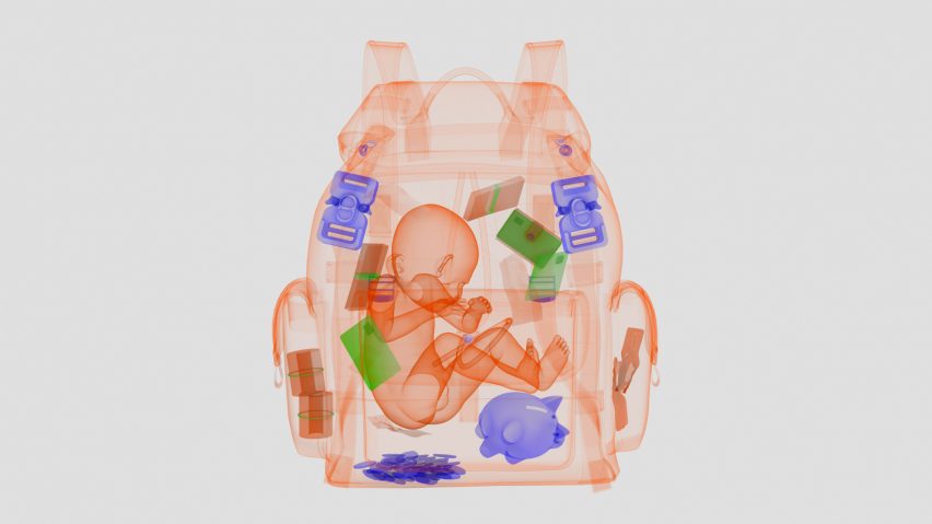 A digital image showing an x-ray of a bag with varying contents inside, in colours of red, green and blue, against a grey background.