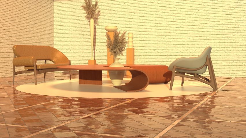Visualisation of an interior space in orange tones, with two chairs and a table in the centre.