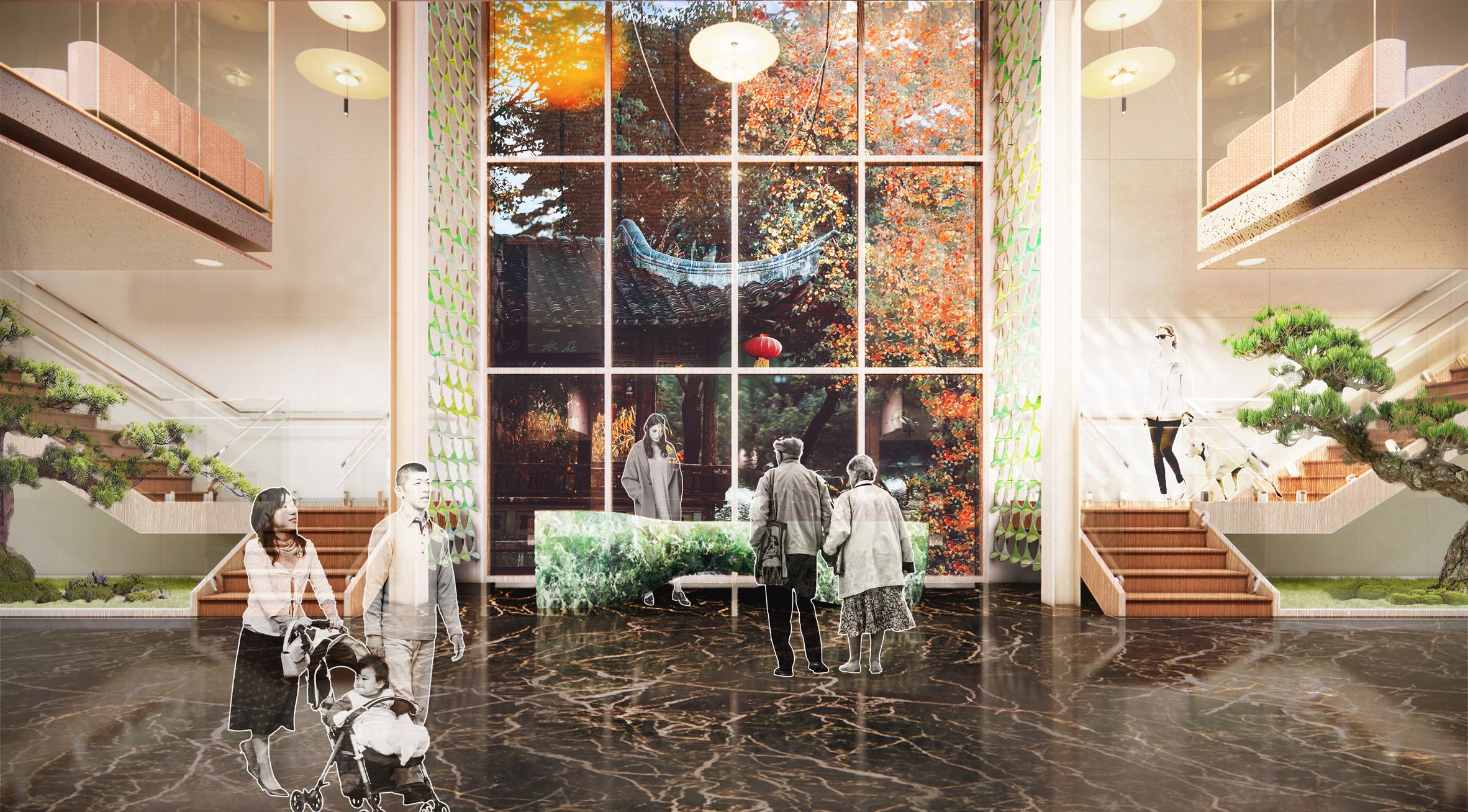 A visualisation of an interior space with a large window in the middle and in colours of green, orange and white, with people walking around the space.