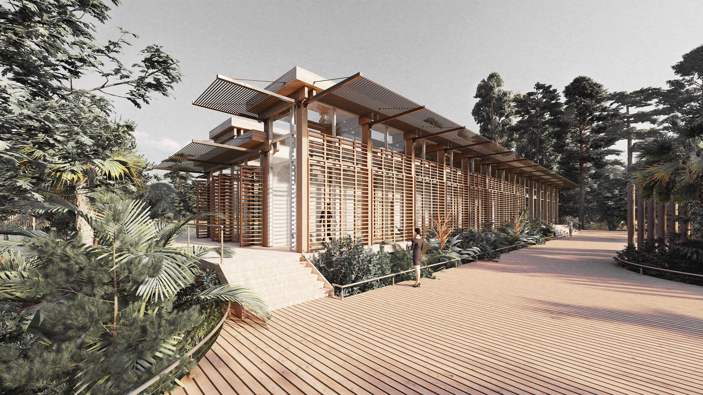 A visualisation of a slatted wooden building with green plants and trees surrounding it.