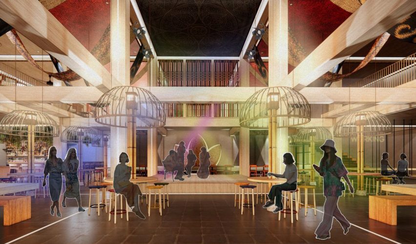 A visualisation of an interior space with people walking through, tables and chairs, and multicoloured lights.