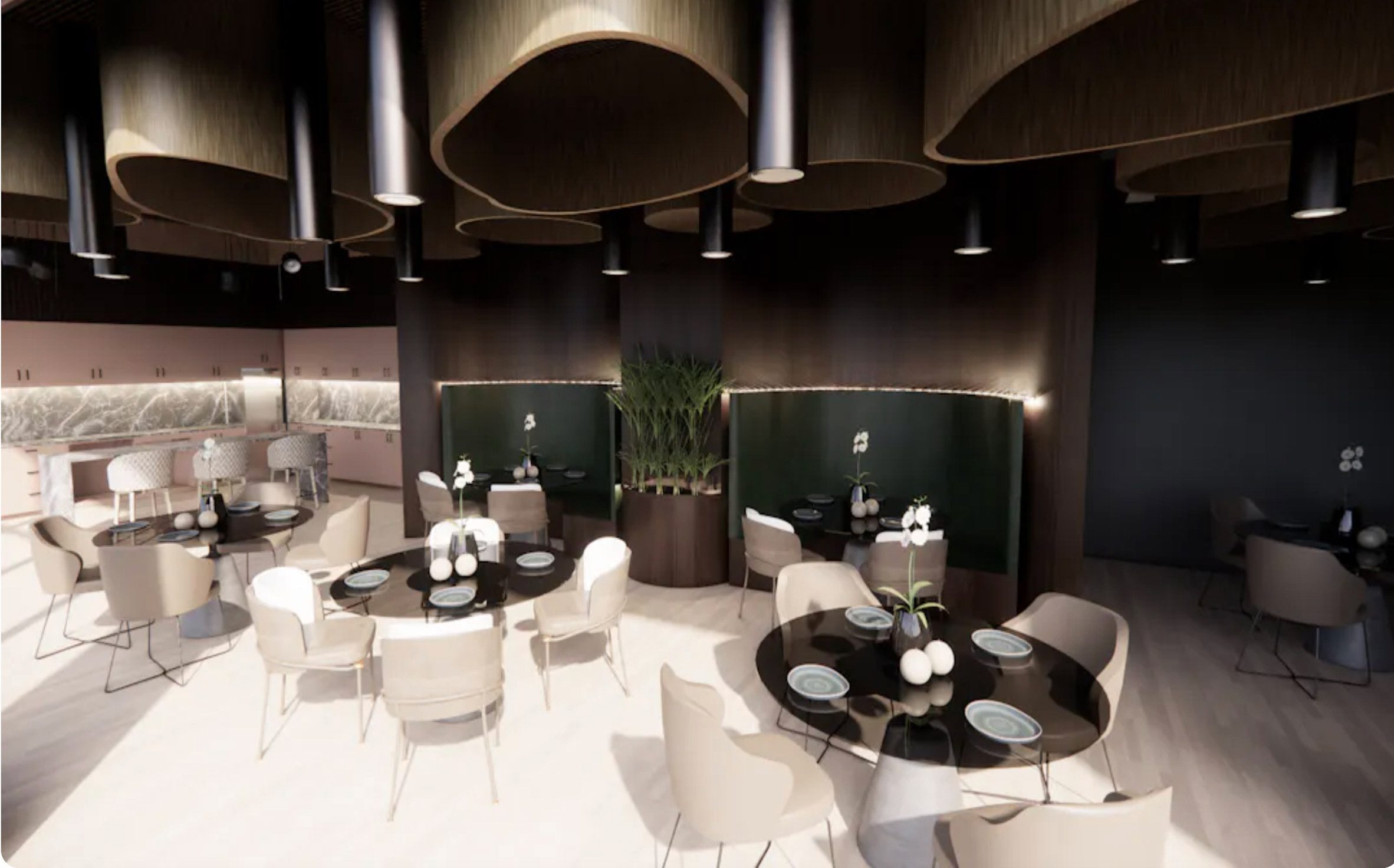 A visualisation of an interiors space with tables and chairs in it, and in colours of brown and white.