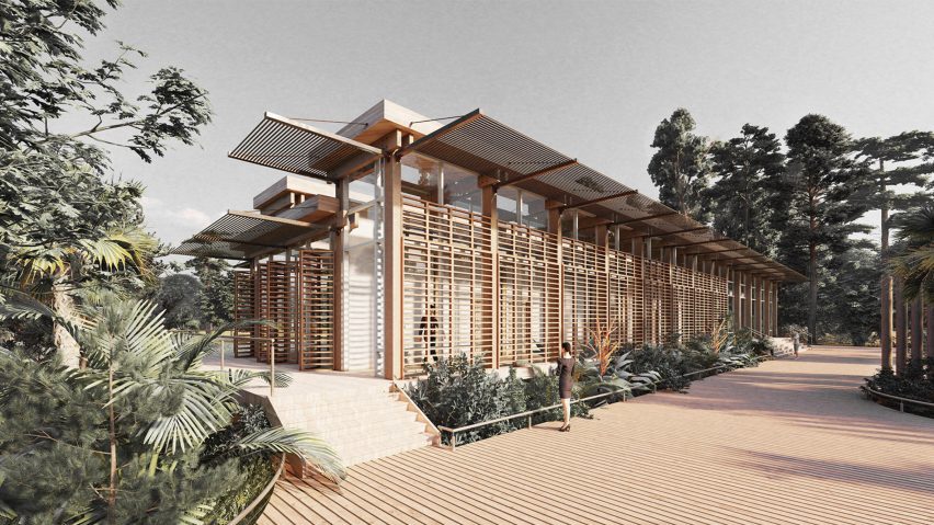 A visualisation of a slatted wooden building with green plants and trees surrounding it.