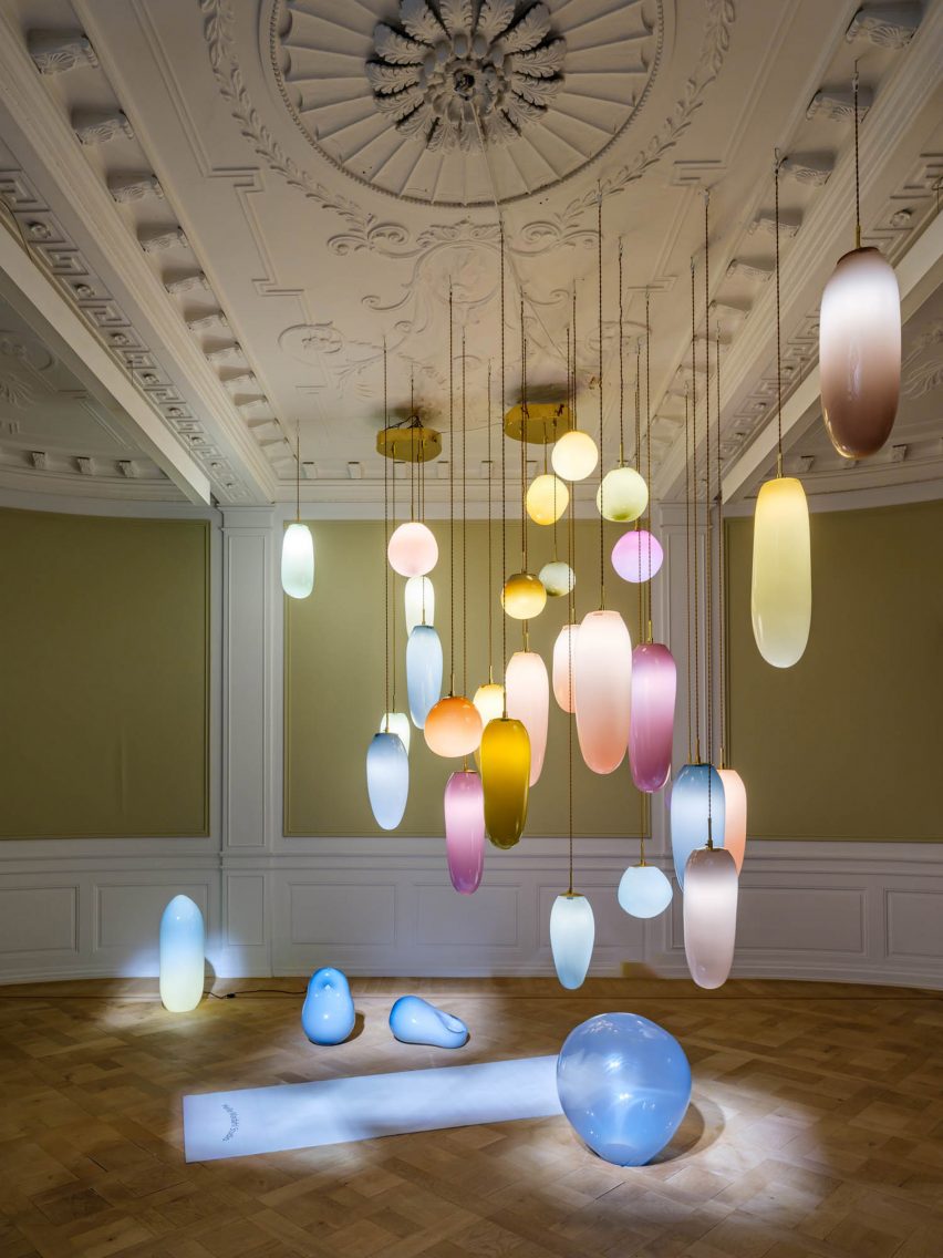 Lighting designs made from glass in different colours