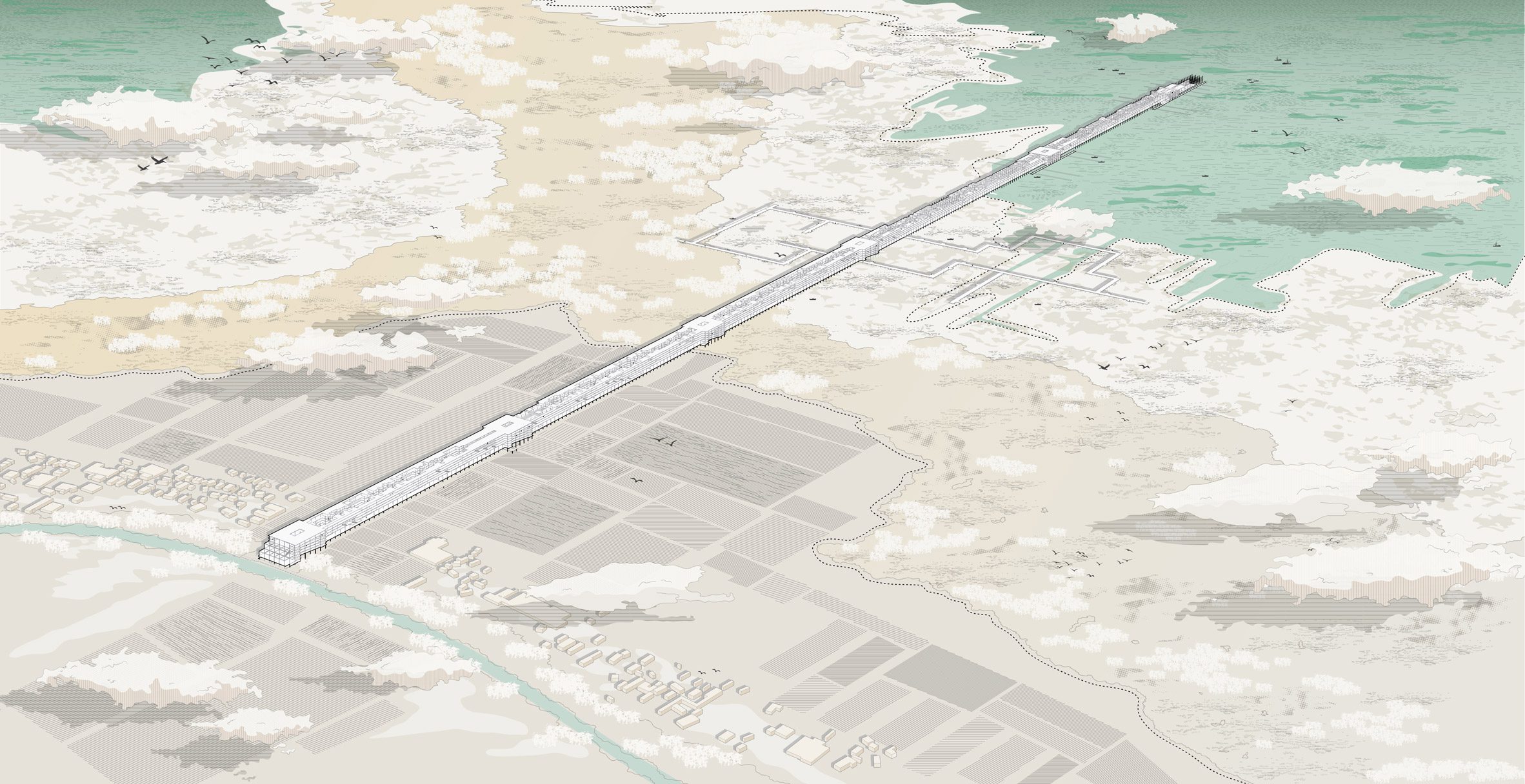 Visualisation from a distant birds eye view of land, in colours of green, white and beige. 