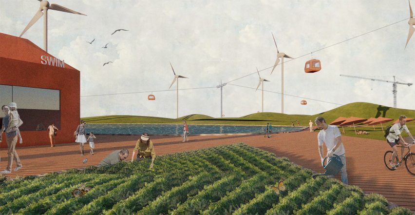 Photographic visualisation of a farm-like landscape, with people attending to crops and interacting with the space. There are wind turbines around the space and in the distance, as well as a red building with the word 'SWIM' written on it in white.