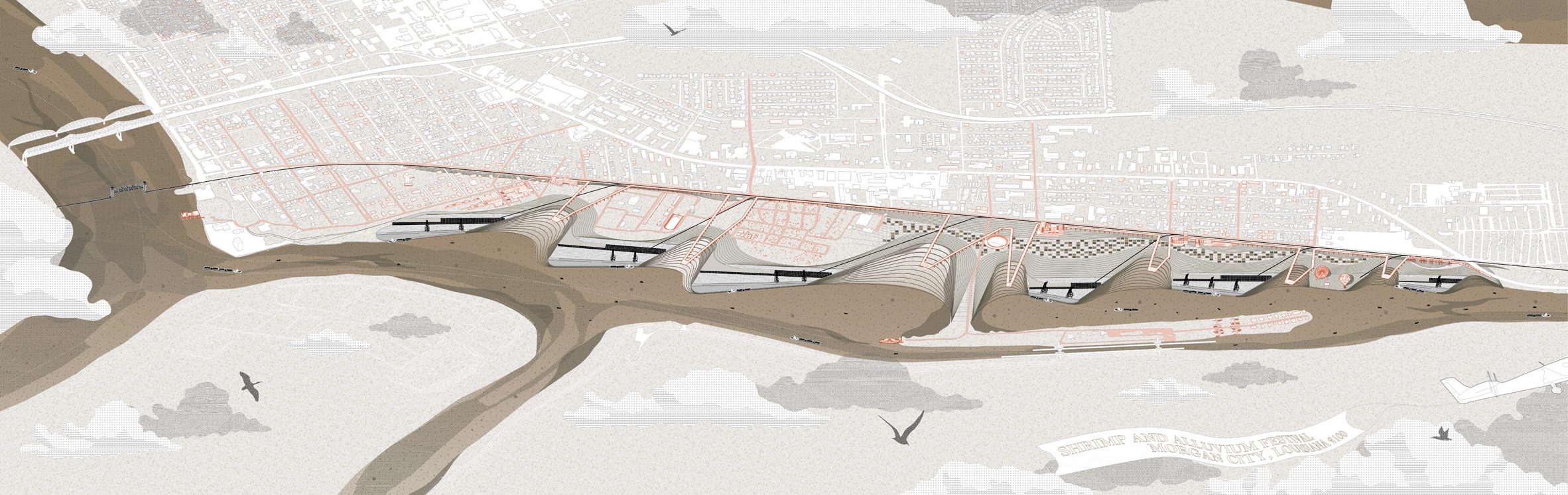 Visualisation of a city landscape in brown, grey, orange and white.