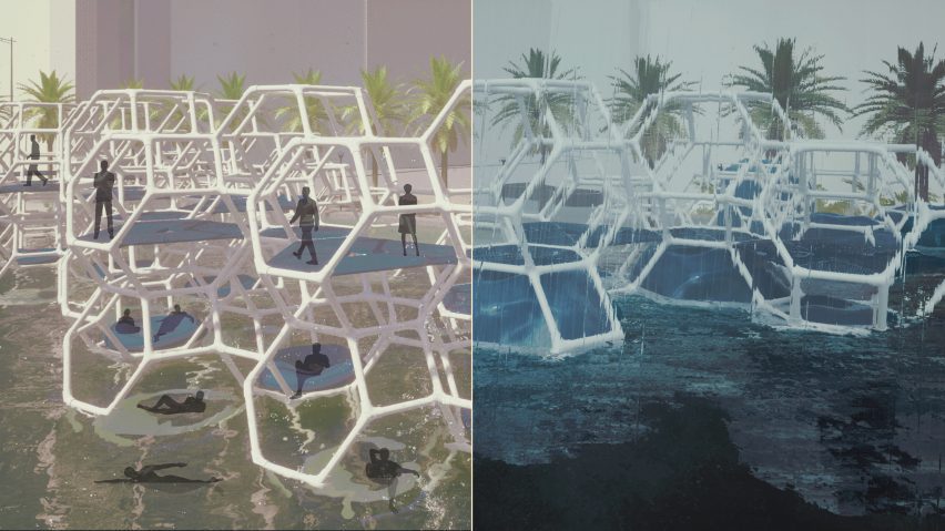 Two visualisations of a hexagonal structure on water, one in a filter that shows pink, blue and green tones and another in blue tones.