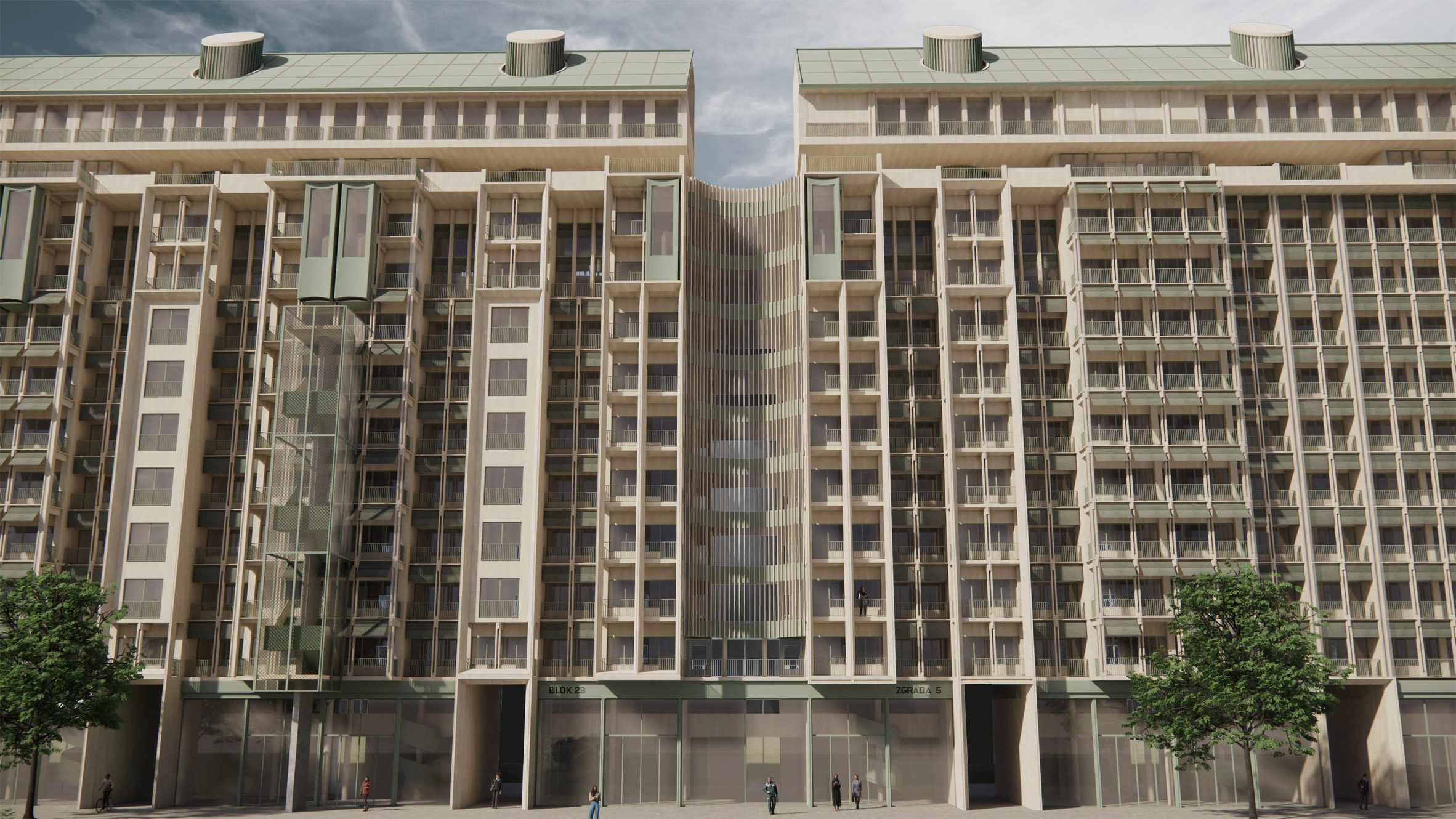 Visualisation of a large brown building against a blue sky and with green trees in front of it.