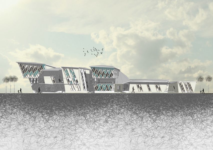 A visualisation of a building in tones of grey and blue with grey ground beneath it.