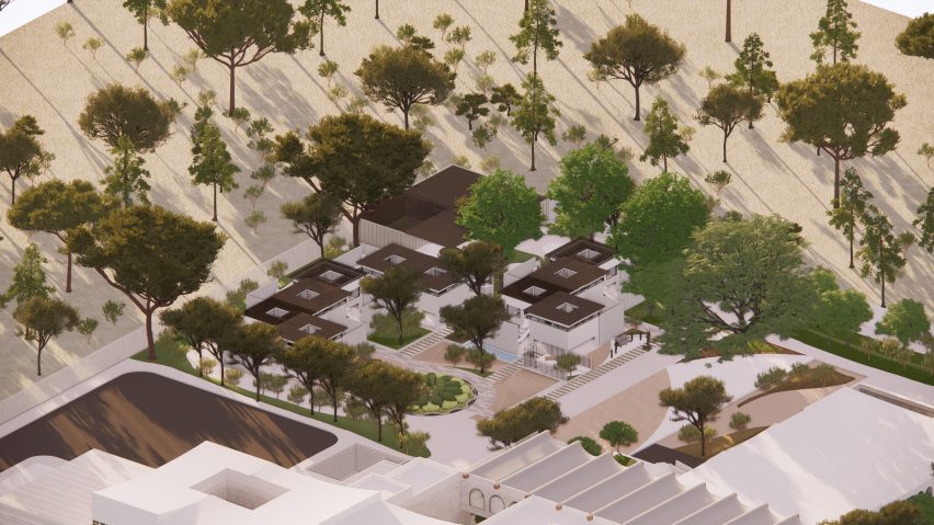 A visualisation from above of a building in tones of white and brown, with green trees around it.