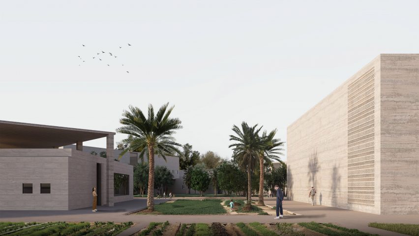 A visualisation of an outdoor space, with two buildings in tones of grey and beige and two palm trees between them.