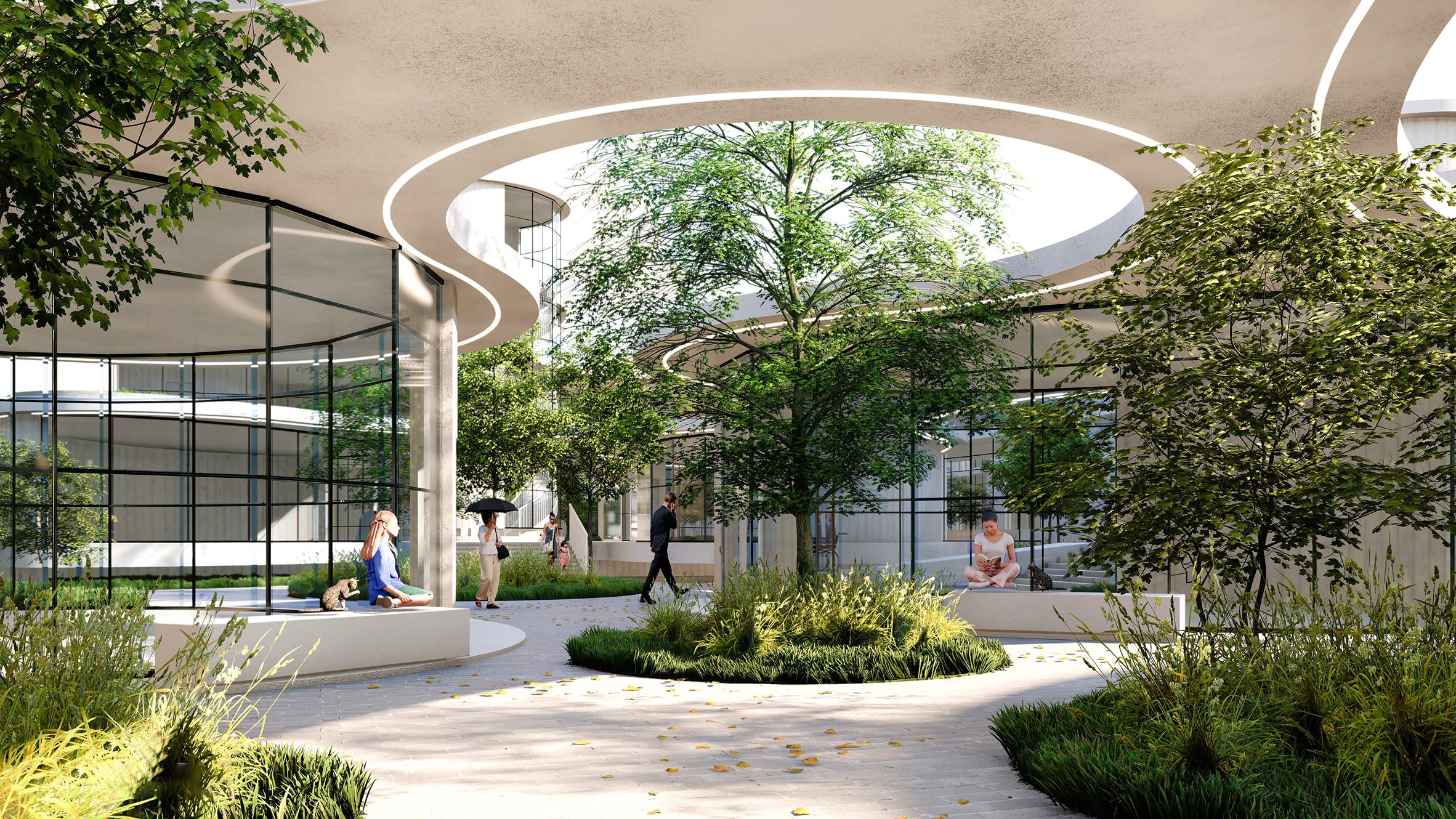 A visualisation of an outdoor building structure in tones of white and beige with trees and people around the space.