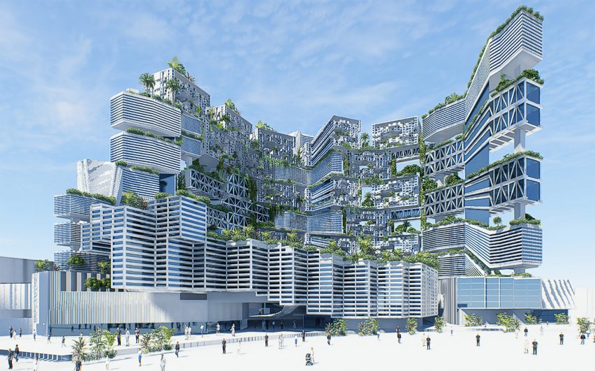 A visualisation of a building in tones of blue and grey, with green plants on it, against a blue sky backdrop.