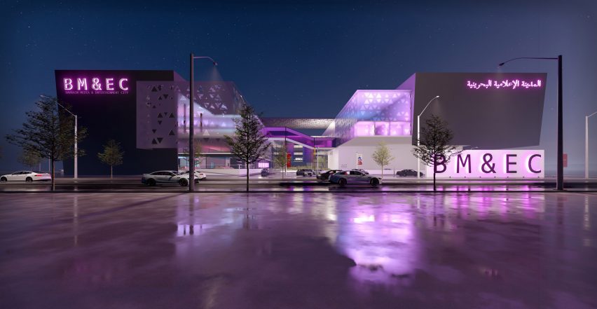 A visualisation of a building illuminated with purple lights; on the front is 'BM & EC' written in pink illuminated lighting. There are lamp posts and cars in front of the building.