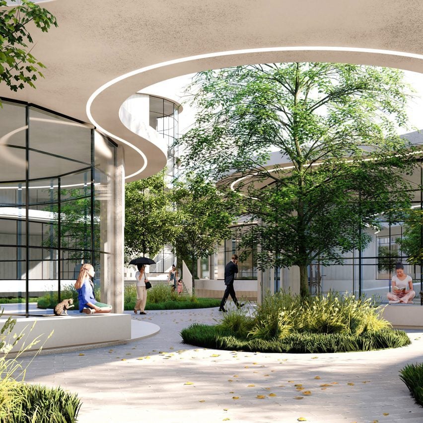A visualisation of an outdoor building structure in tones of white and beige with trees and people around the space.