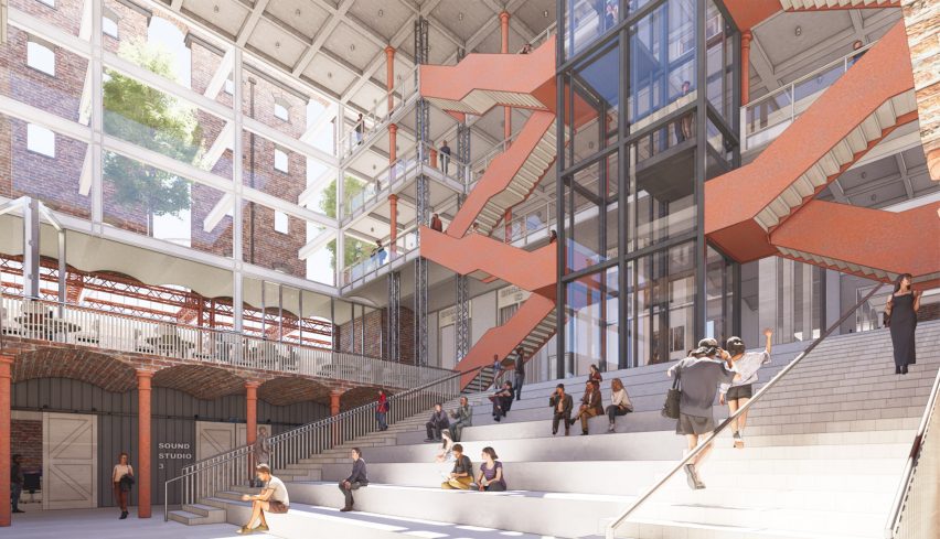 A visualisation of the interior of a building in tones of beige and orange. There are large stairs in the centre with people sitting on them and walking up them.