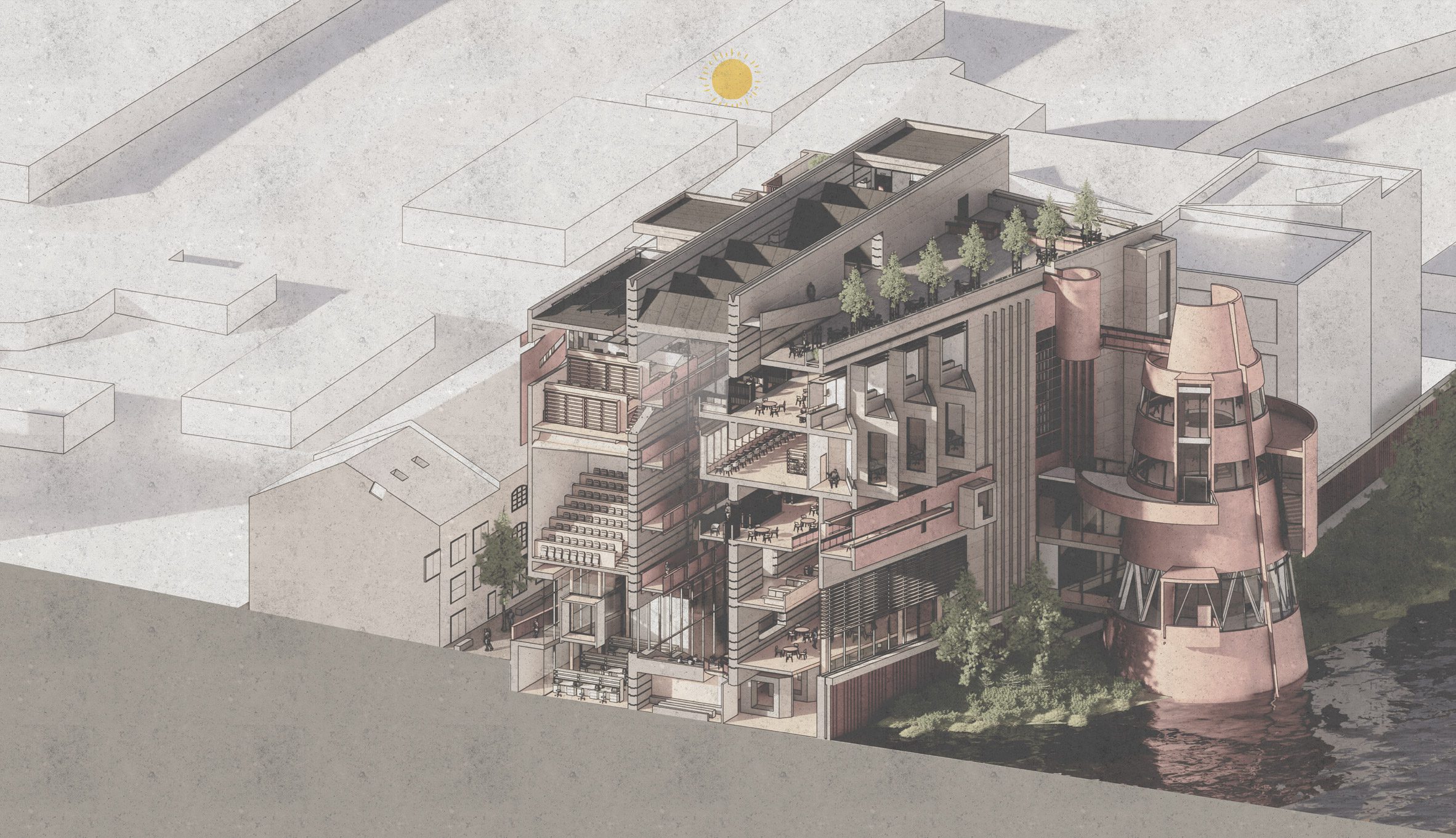 A visualisation of a building in tones of pink and brown amongst grey buildings.