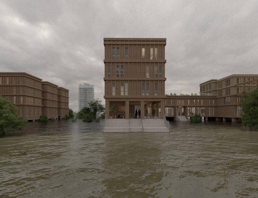 A visualisation of brown buildings atop a river with grey stairs leading down from one of them.