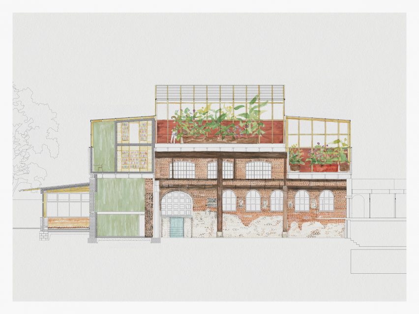An architectura diagram of a building and details of its interior against a white backdrop, displaying green plants, brown brick walls and green, yellow and red walls.
