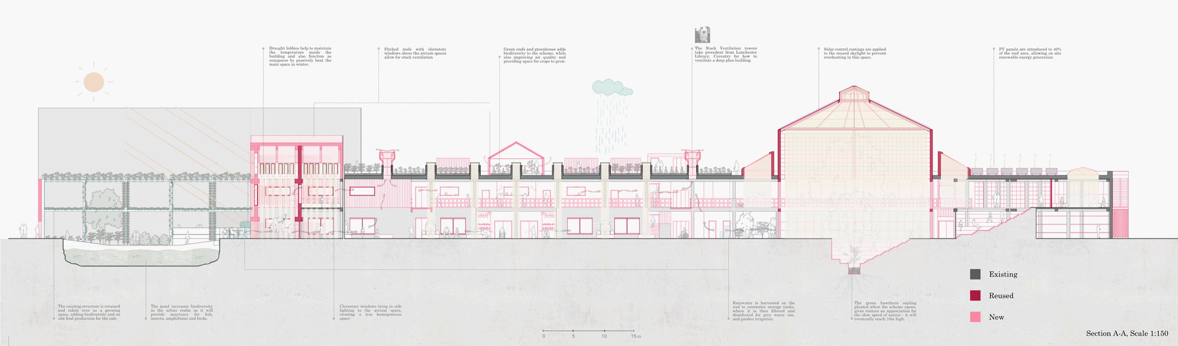 A diagram of an architectural plan in tones of pink, black, beige and grey.