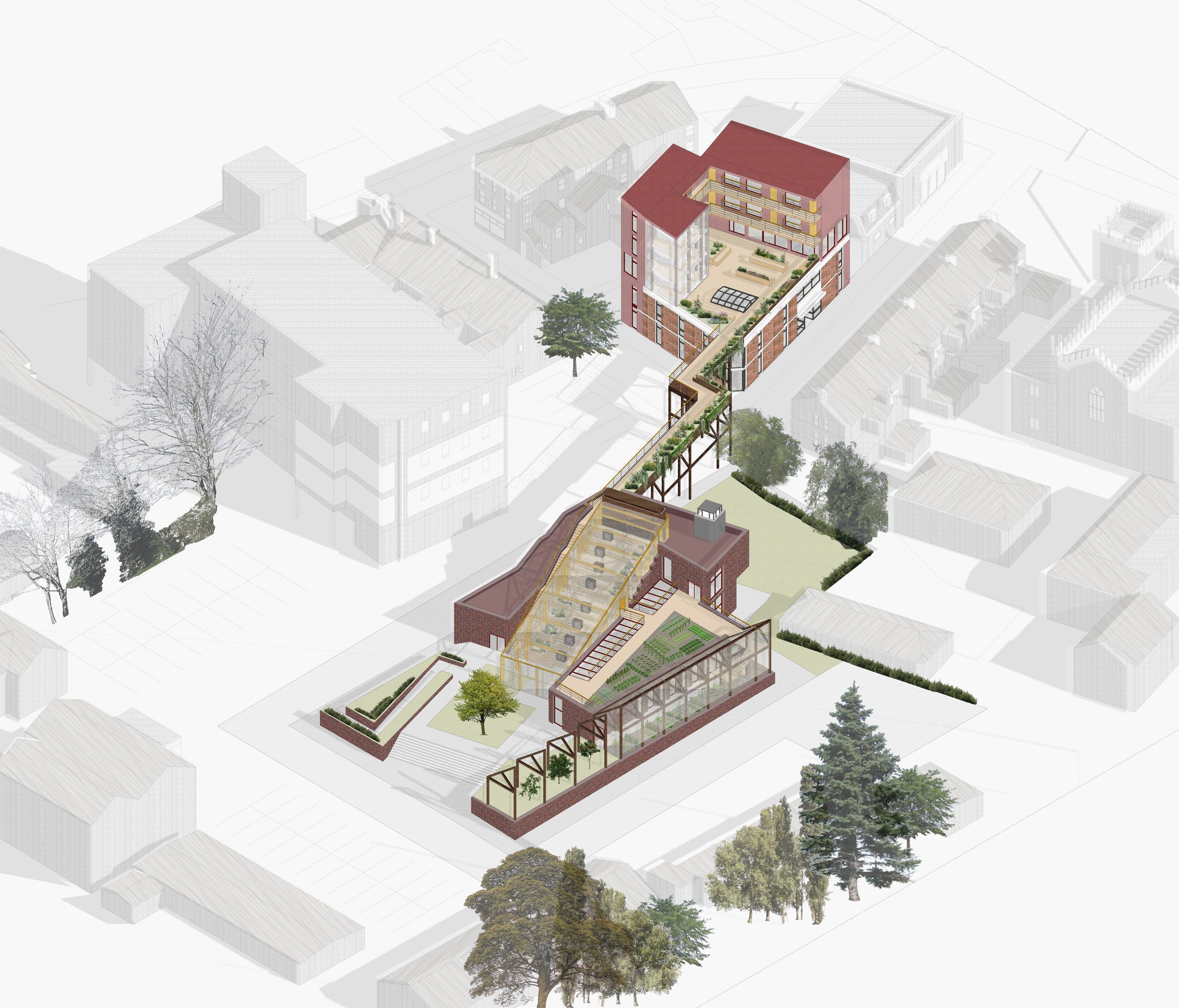 A visualisation of two buildings in tones of red, brown and green, amongst grey buildings and green trees.