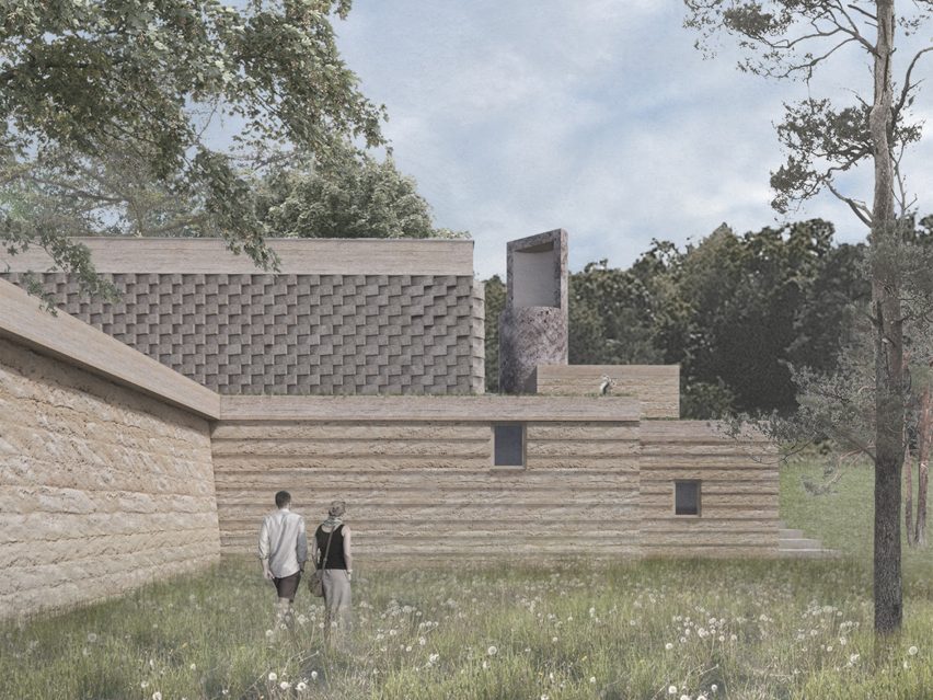 A visualisation of a building in tones of brown amongst greenery, with two people walking towards the building.