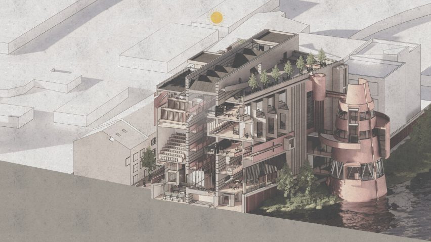 A visualisation of a building in tones of pink and brown amongst grey buildings.