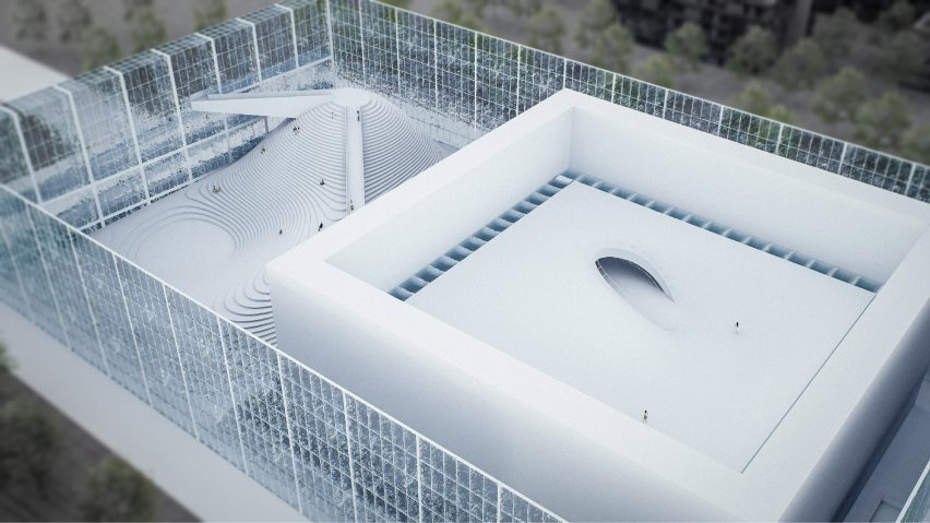 A visualisation of a building from above, in colours of blue and white.