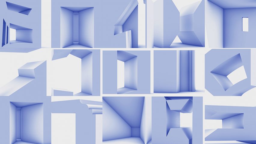 A visualisation of varying interior spaces displayed in a grid, in blue tones.