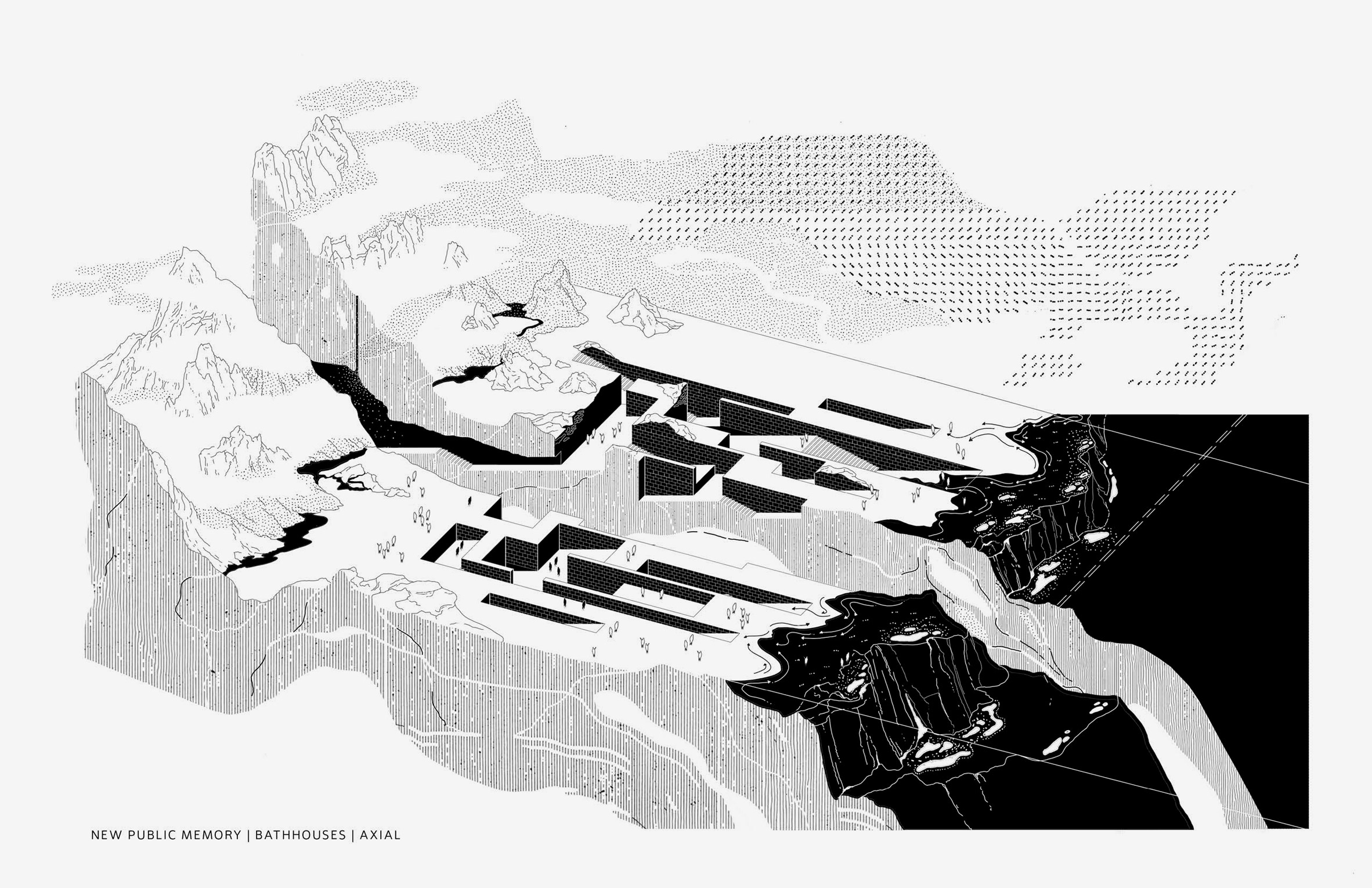 A black and white visualisation of landscape architecture.