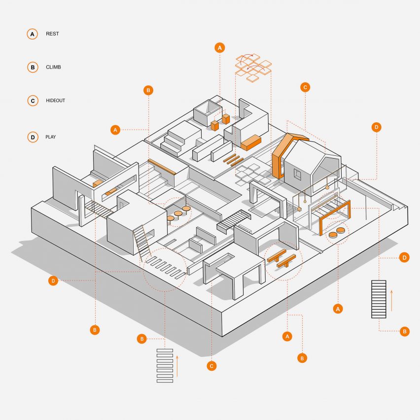 A three dimensional floor plan diagram of a building interior in colours of grey, white and orange.