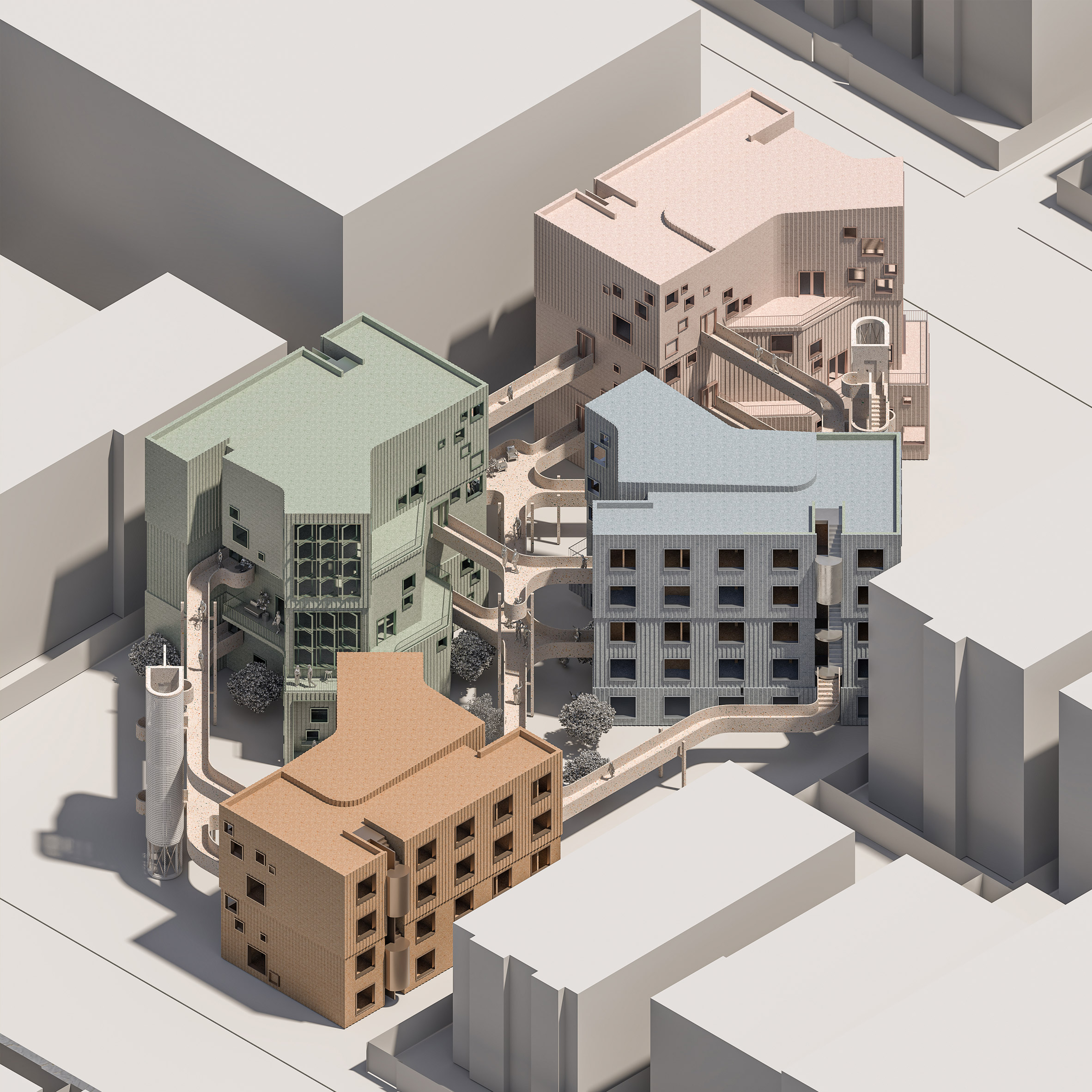 A visualisation of four architectural buildings in colours of orange, blue, pink and green, amongst grey structures.