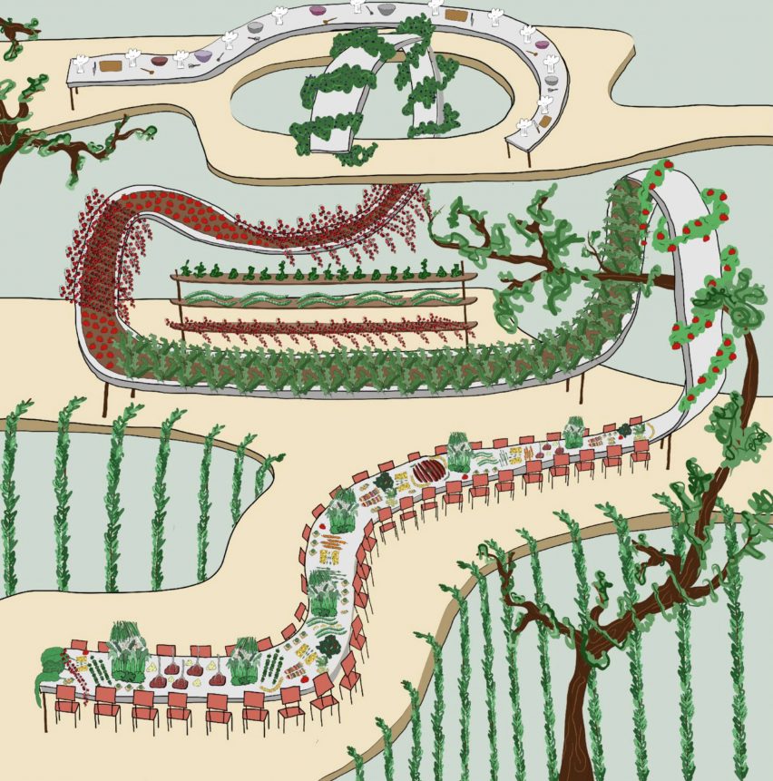 An illustration of trees and a long table with chairs round it, with colours of green, red and beige tones.