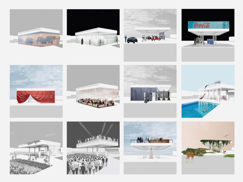 Twelve visualisations of a building displayed in a grid format.