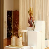 Objects on white pedestals in front of a curtain