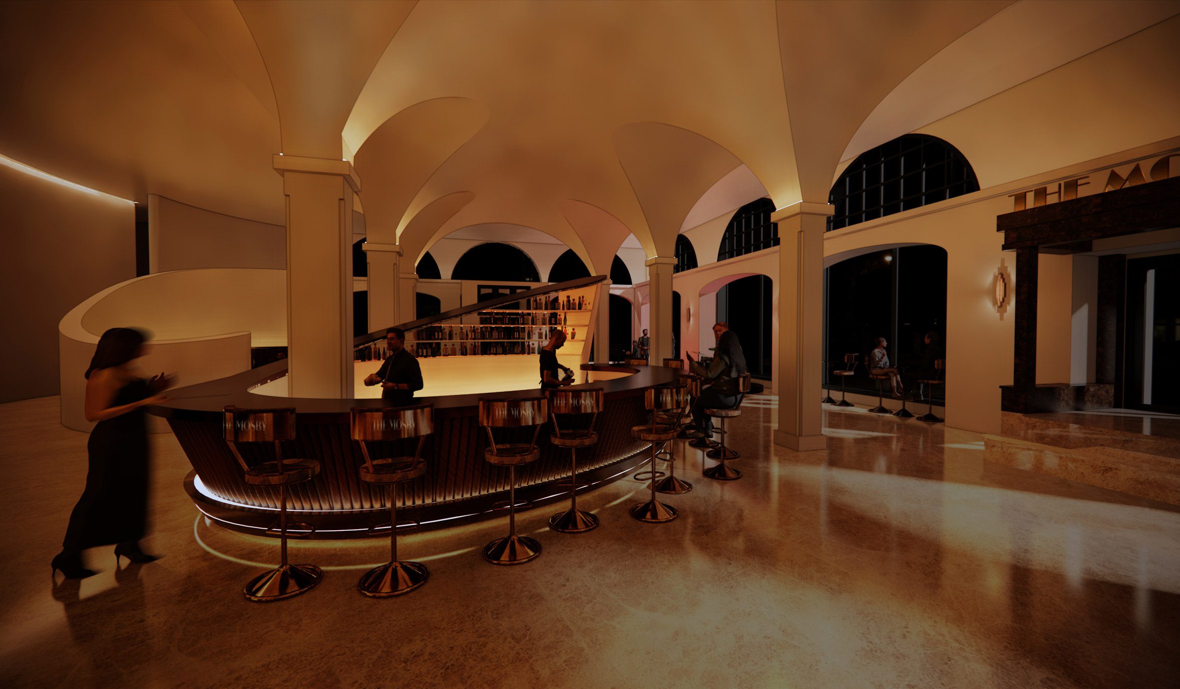 A visualisation of the interior of a space in tones of brown and orange, with a bar in the centre of it and arches and columns throughout, with people in the space.