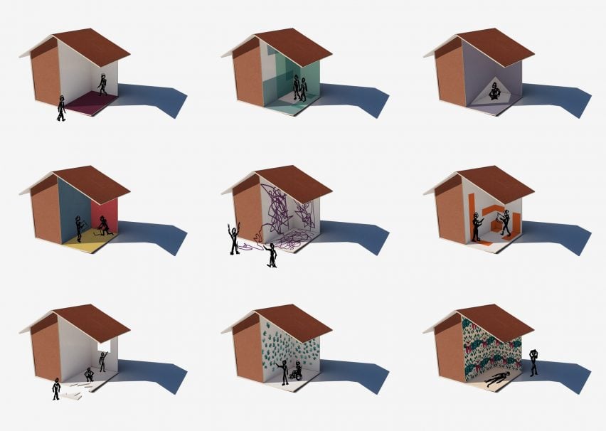 An image displaying nine visualisations of a building in tones of brown, blue, red and green, against a white background, each with small figures in the building.