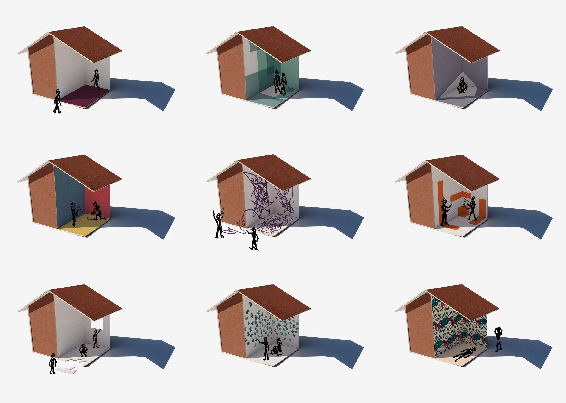 An image displaying nine visualisations of a building in tones of brown, blue, red and green, against a white background, each with small figures in the building.