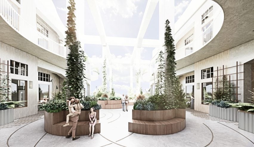 A visualisation of an interior space in tones of white and grey, with two large planters in its centre that have a brown wooden panelling with tall green plants in them. There are people sitting around the planter and walking in the space.