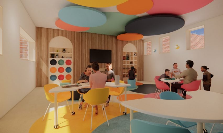 A visualisation of an interior space with people sitting at tables and chairs in colours of blue, pink and yellow, with the same colours on the ceiling of the space.