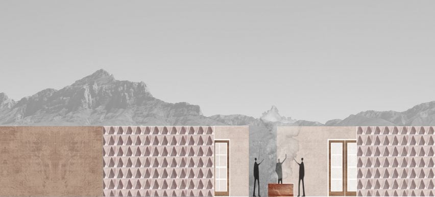 A visualisation of a building in tones of brown and white, against a grey backdrop of a sky and mountains.