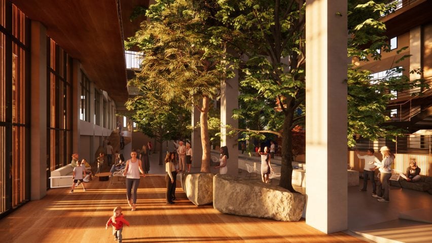 A visualisation of an interior space in tones of brown and orange, with large green trees and rocks throughout and grey pillars. People can be seen throughout the space.