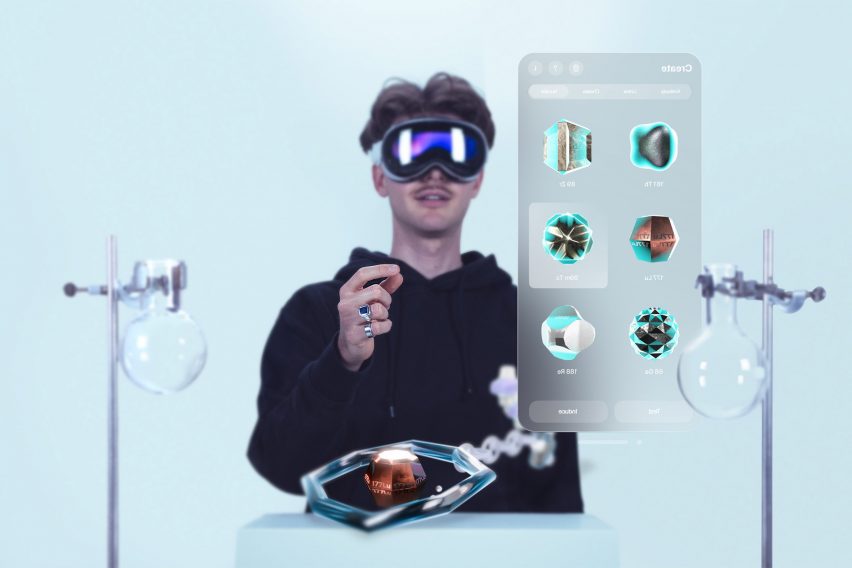 A photograph of a person wearing a VR headset, with a visualisation in front of them displaying what they are seeing in the headset.