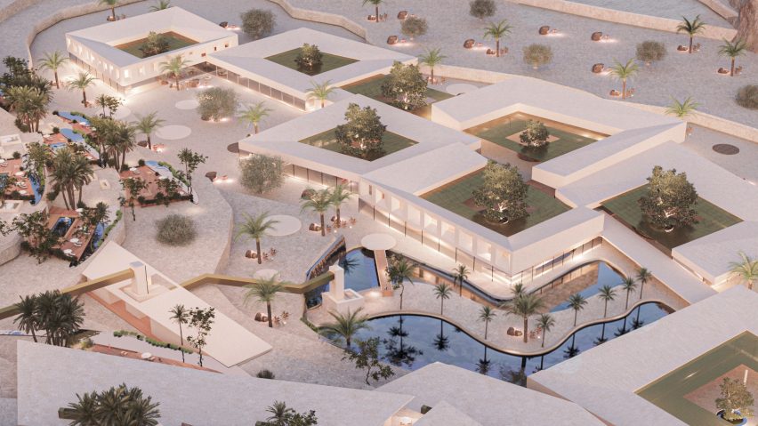 Visualisation of group of white buildings with green roofs and surrounding palm trees, water, and illuminated white lights.